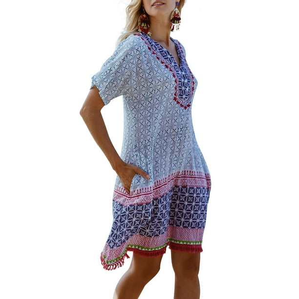 Blue, S Womens Bohemia Long Summer Beach Maxi Dresses V Neck Ethnic Style Tassel Bikini Kaftan Cover Up Clearance 